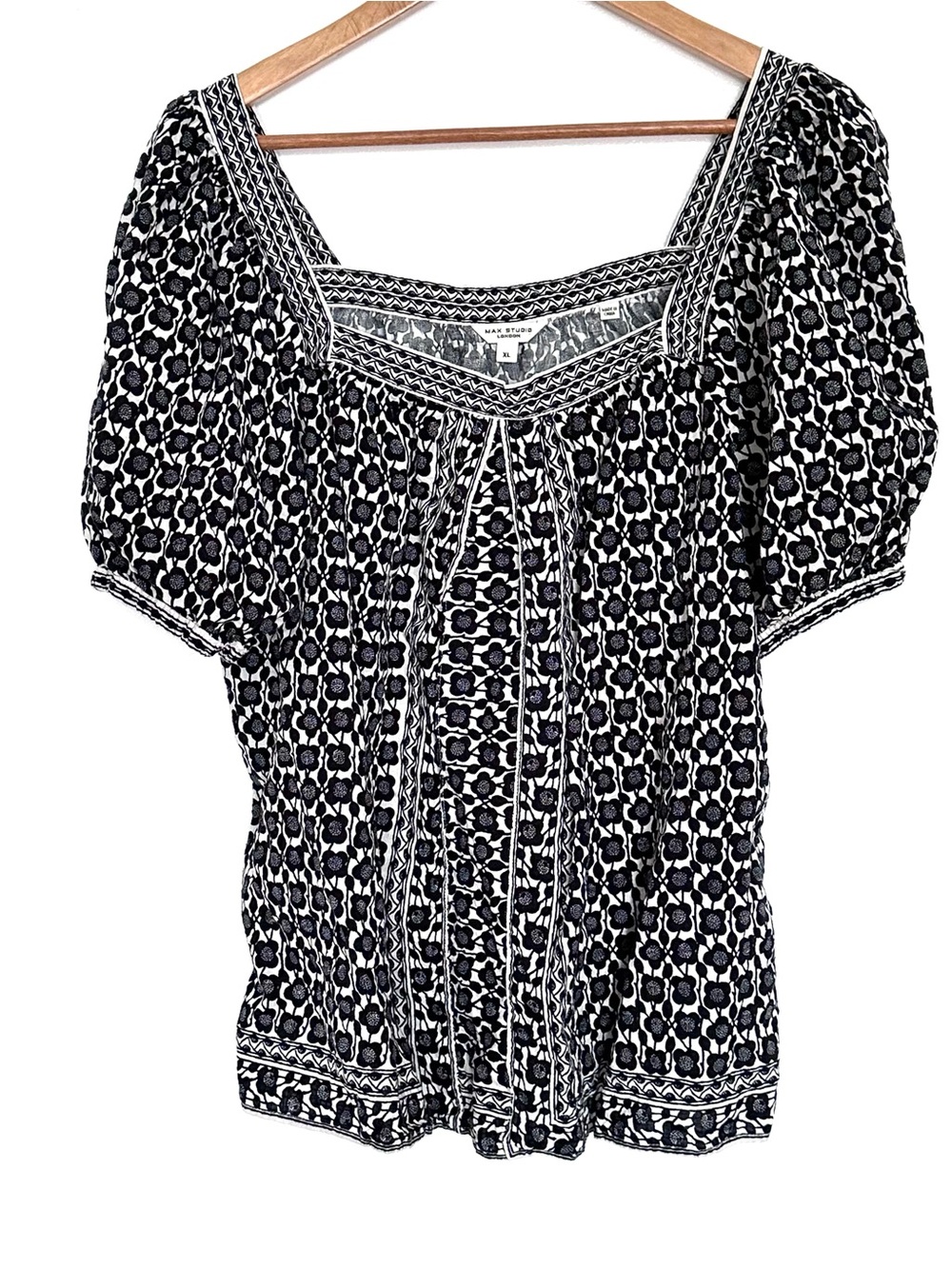 Max Studio Shirt Women’s XL Floral Boho Short Sleeve Square Neck Blouse Top